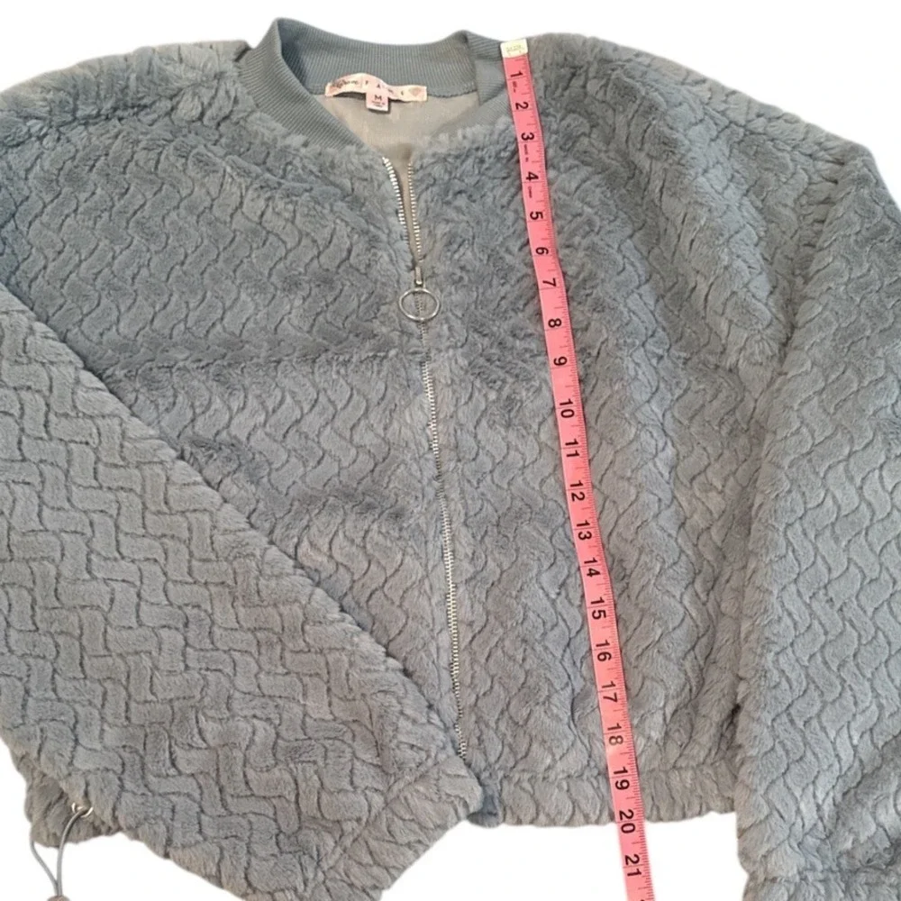 Crave Fame Light Blue Fuzzy‎ Textured Bomber Jacket Cropped Sz M Soft Cozy